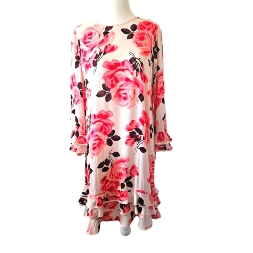 Kate Spade midi shift hem floral Pink ruffle feminine zip‎ up dress Size 4